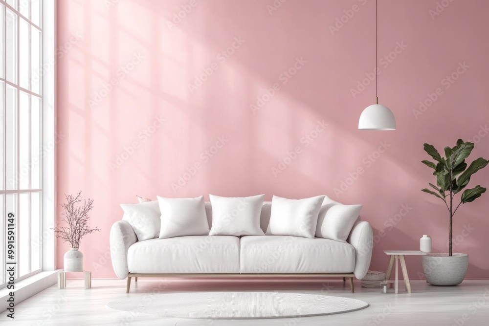A lounge with soft pink walls, light grey sofa, and white accents, creating a sweet and comfortable ambiance A lounge with soft pink walls, light grey sofa, and white accents, creating a sweet and comfortable ambiance