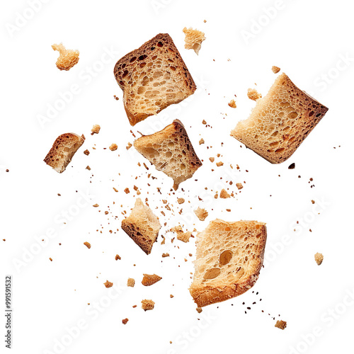 Scattered pieces of crunchy bread with crumbs on a transparent background