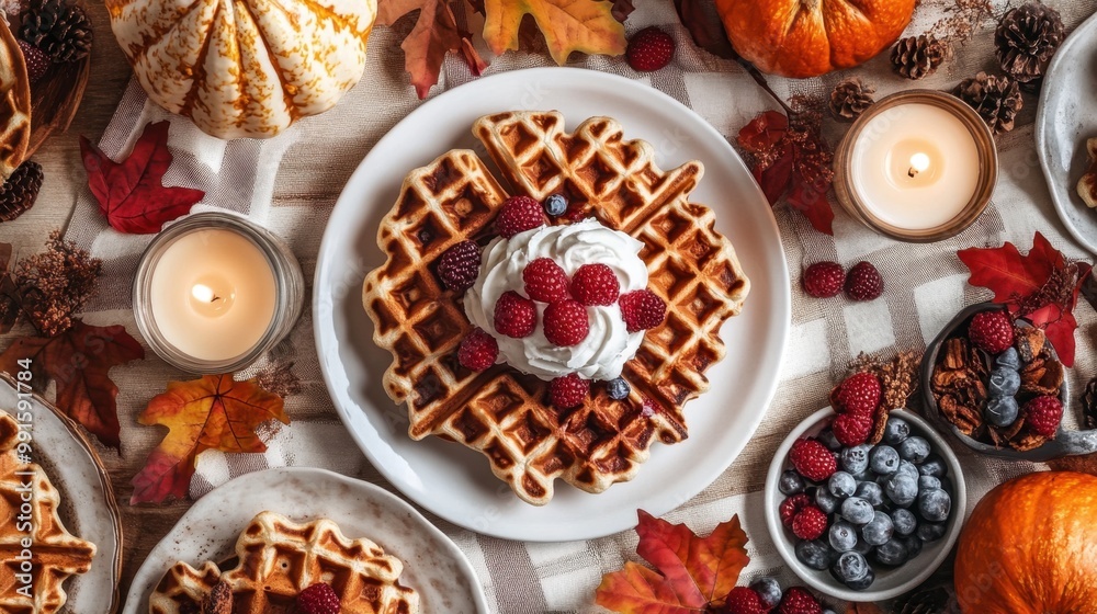 A Thanksgiving-themed breakfast spread with homemade waffles, fresh berries, whipped cream, and a cozy kitchen with fall decorations like leaves and candles A Thanksgiving-themed breakfast spread with homemade waffles, fresh berries, whipped cream, and a cozy kitchen with fall decorations like leaves and candles