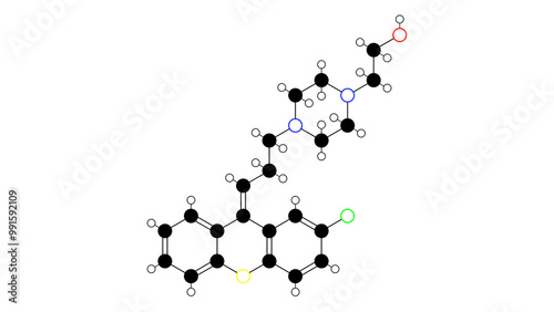 zuclopenthixol molecule, structural chemical formula, ball-and-stick model, isolated image typical antipsychotic photo