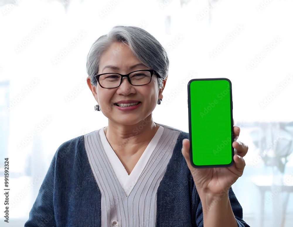 Close-up of a An elderly person is holding a smartphone with a green screen displayed.  (1)