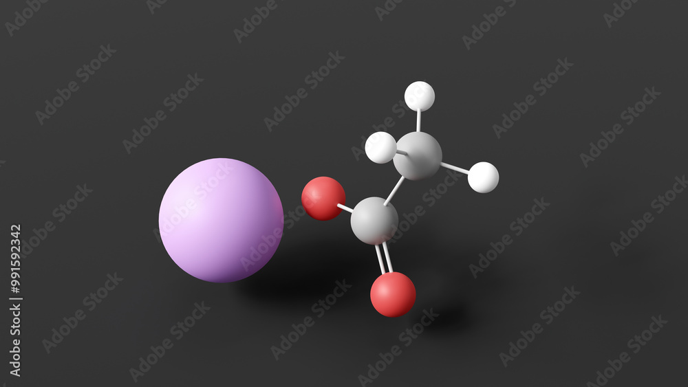 potassium acetate molecule 3d, molecular structure, ball and stick model, structural chemical formula e261 potassium acetate molecule 3d, molecular structure, ball and stick model, structural chemical formula e261