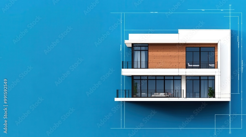 Blueprint of a minimalist studio house with open plan and large balcony, House Construction Blueprint, Studio living Blueprint of a minimalist studio house with open plan and large balcony, House Construction Blueprint, Studio living