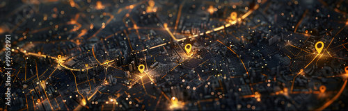 an aerial map of the city at night, marking various places on the map with golden location pins photo