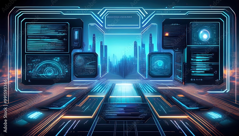 Obraz premium Digital frames and progress bars, perfect for a cyberpunk aesthetic. -1(1)