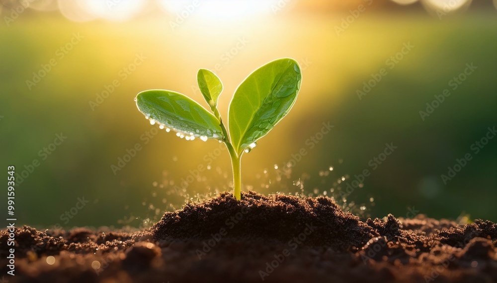 Image of a lively green seedling with dew drops emerging from dark earth, against a gentle green and yellow background, symbolizing growth and fresh starts Image of a lively green seedling with dew drops emerging from dark earth, against a gentle green and yellow background, symbolizing growth and fresh starts