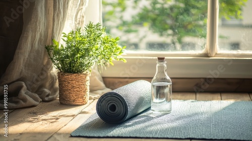 A wellness corner with a yoga mat, a small plant, and a bottle of water, symbolizing a space dedicated to self-care and mental health