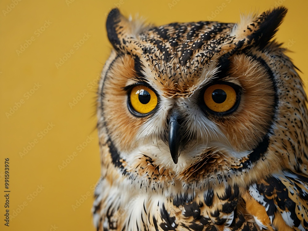 Close-up of an owl with large yellow eyes against a yellow background. Close-up of an owl with large yellow eyes against a yellow background.