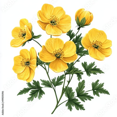 Wallpaper Mural Beautiful illustration of vibrant yellow flowers with lush green leaves, perfect for nature-themed designs and decorations, white background Torontodigital.ca