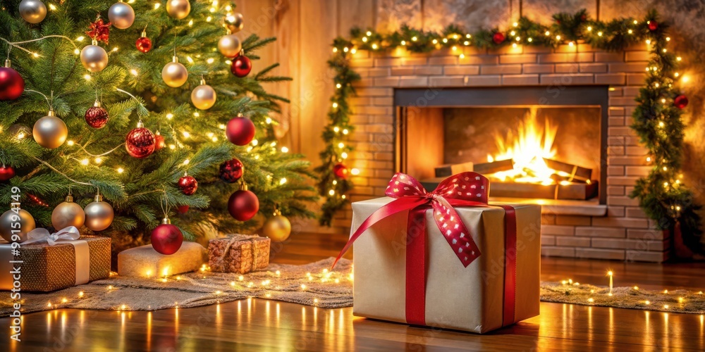 Christmas-themed home decor with gift box, tree, lights, and fireplace for cozy holiday vibes Christmas-themed home decor with gift box, tree, lights, and fireplace for cozy holiday vibes