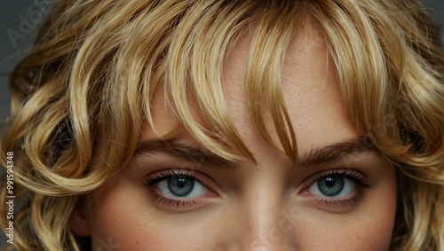 Close-up of blonde hair with styled wavy curls.