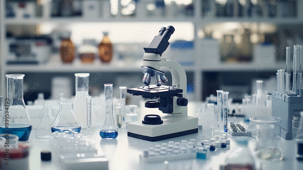 A Close-Up of a Microscope and Assorted Laboratory Equipment on a White Table A Close-Up of a Microscope and Assorted Laboratory Equipment on a White Table