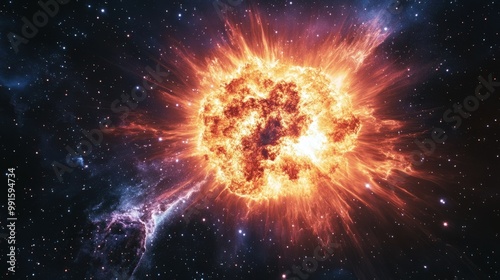 Bright supernova explosion, sending shockwaves and debris outward from a dying star in deep space