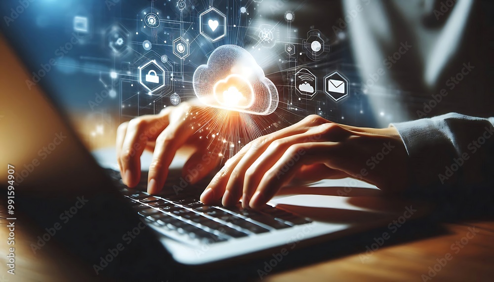 hands typing on a laptop, with a glowing cloud icon and other digital ...