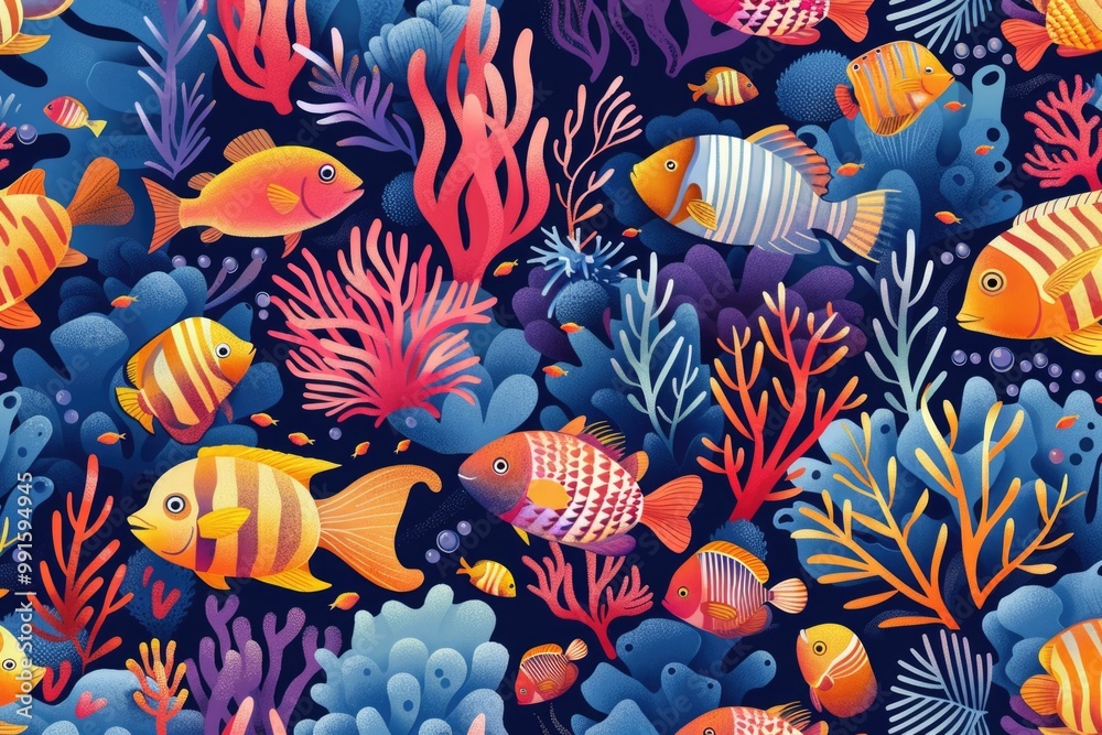 A group of fish swimming together in the ocean, with sunlight shining through the water A group of fish swimming together in the ocean, with sunlight shining through the water