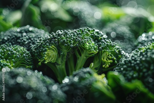 Fresh Broccoli Harvest: Vibrant green broccoli florets, glistening with dew, create a captivating close-up image. The photo evokes freshness, health, and the bounty of nature.  