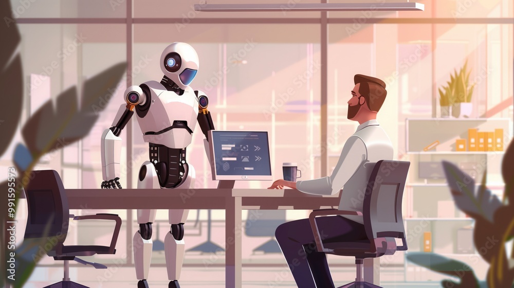 Fototapeta premium Robots and people work together in the office