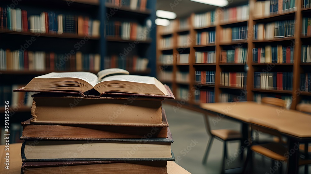 Book in library with old open textbook, stack piles of literature text archive on reading desk, and aisle of bookshelves in school study class room background for academic education learning concept. Book in library with old open textbook, stack piles of literature text archive on reading desk, and aisle of bookshelves in school study class room background for academic education learning concept.