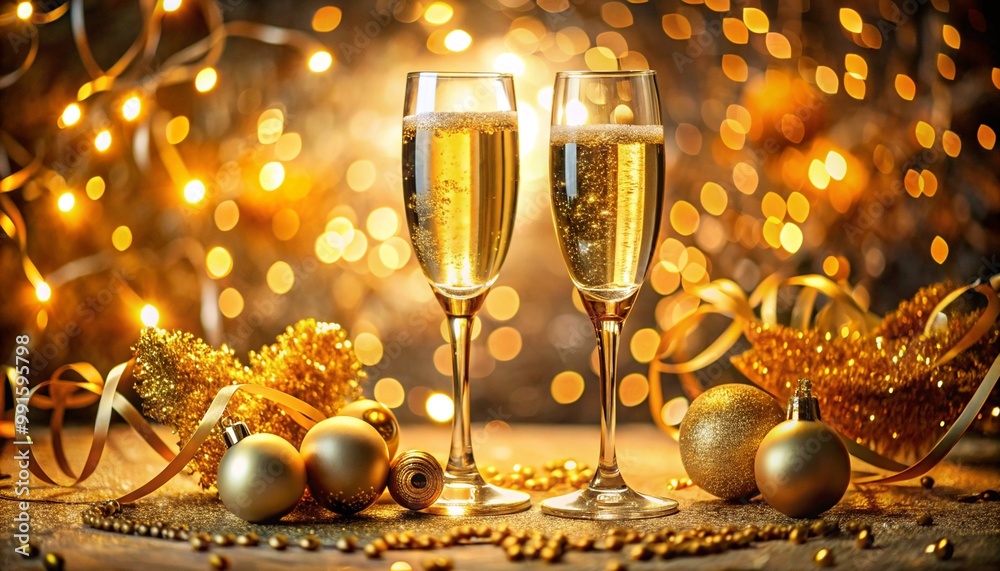 A festive celebration theme featuring two glasses of champagne with golden ribbons and baubles creating a sparkling holiday ambiance A festive celebration theme featuring two glasses of champagne with golden ribbons and baubles creating a sparkling holiday ambiance