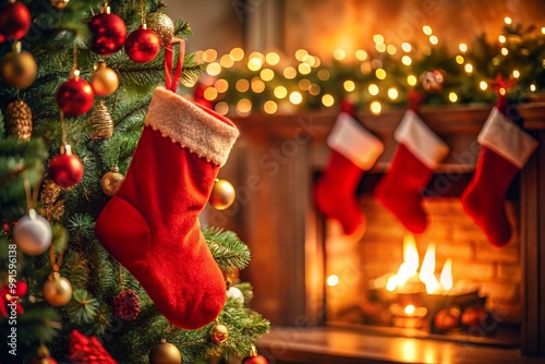 A beautifully decorated christmas tree with red and gold ornaments standing next to a fireplace adorned with hanging red stockings glowing in the warm light