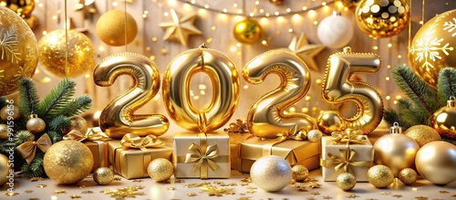 A festive display of golden new year 2025 decorations featuring balloons stars and wrapped gifts providing a cheerful and celebratory atmosphere photo