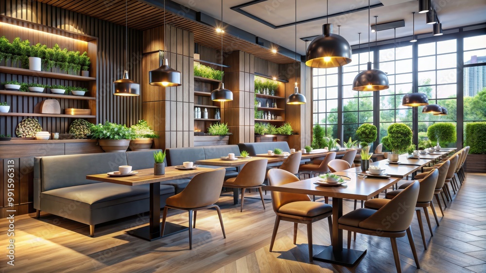 Fototapeta premium Modern restaurant interior with sleek design and cozy ambiance, modern, restaurant, interior, sleek, design, cozy, ambiance