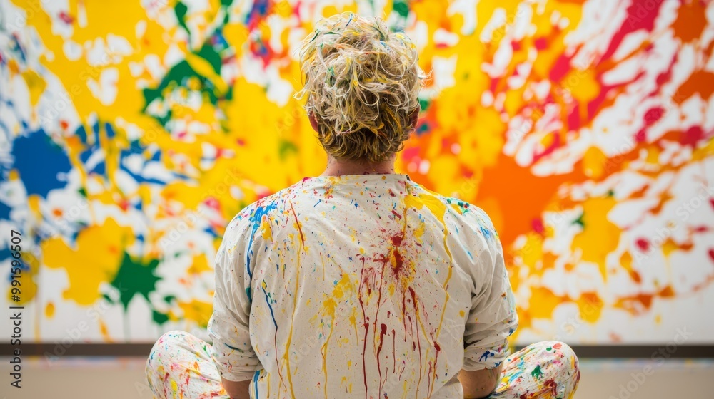Fototapeta premium An artist covered in paint sits in front of a large mural of splattered colors, representing the idea that true creativity emerges from the chaos of emotion and thought.
