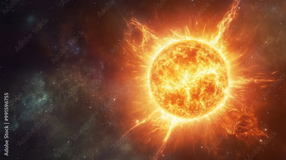 Obraz premium Giant star burning brightly in space, with solar winds and radiation waves flowing from its surface