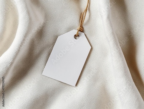 Apparel tag mockup featuring a bold logo on textured paper, lying on a neutraltoned fabric, emphasizing brand identity photo