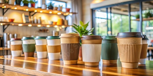 Eco-Friendly Reusable Coffee Cups Collection Displayed in Modern Cafe Setting