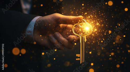 Businessman holding a glowing key in a dark setting, Concept of Success, Access and Strategy, Ideal for motivational themes