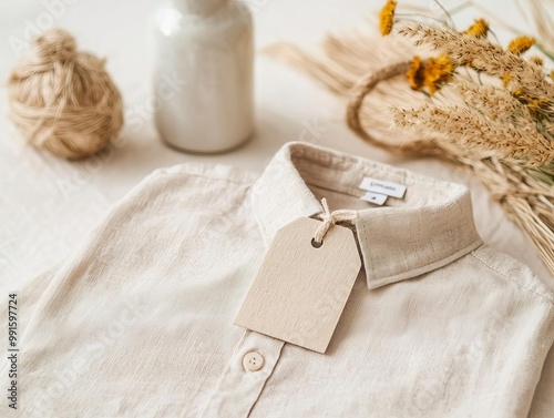 Apparel tag on a sustainable linen shirt, set against a natural, ecofriendly background, emphasizing green fashion photo