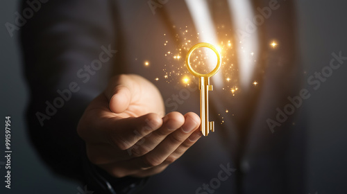 Businessman holding a glowing key in a dark setting, Concept of Success, Access and Strategy, Ideal for motivational themes