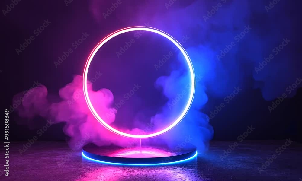 neon glowing circle in dark blue background with empty space and product display with space for your text neon glowing circle in dark blue background with empty space and product display with space for your text