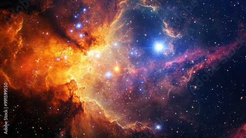 Nebula cloud with bright protostars forming at its center, representing the early stages of stellar life photo