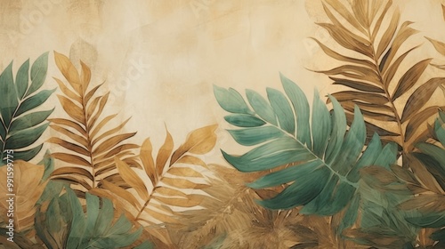 Vintage tropical green brown leaves, beige background, golden texture. Luxury mural, premium wallpaper. 3d painting illustration, watercolor design.