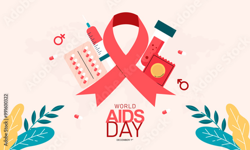World Aids Day Awareness Concept with Red Ribbon Flat Background