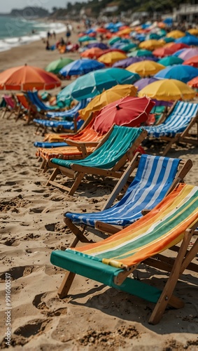 Coastal scene with empty beach chairs and colorful umbrellas.