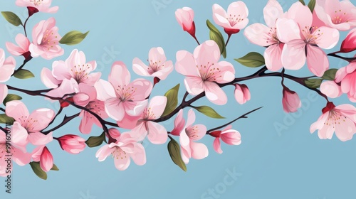 Wallpaper with realistic vector spring flowers for desktop for computers, laptops, tablets. Detailed branches of fruit trees with petals for your design, cards, posters, banners for social media