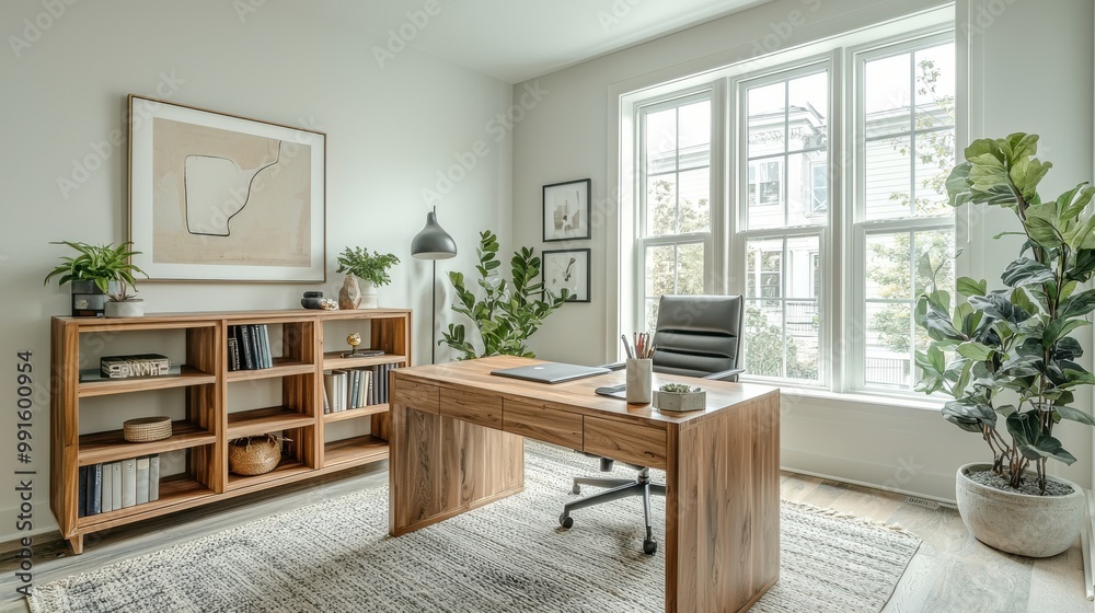 Light-filled home office with a minimalist design featuring natural wood furniture, large windows, and indoor plants for a serene work environment Light-filled home office with a minimalist design featuring natural wood furniture, large windows, and indoor plants for a serene work environment