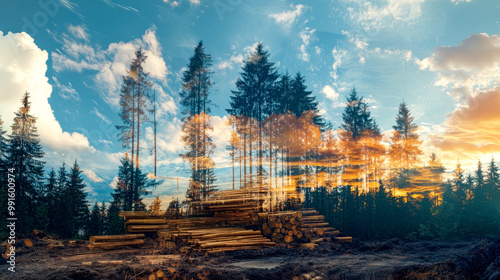 A tranquil forest landscape at sunset, featuring silhouettes of trees and stacked logs, perfect for nature-themed projects. photo