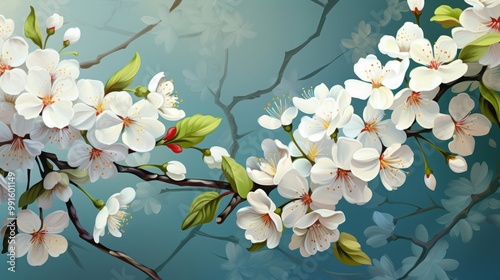 Wallpaper with realistic vector spring flowers for desktop for computers, laptops, tablets. Detailed branches of fruit trees with petals for your design, cards, posters, banners for social media