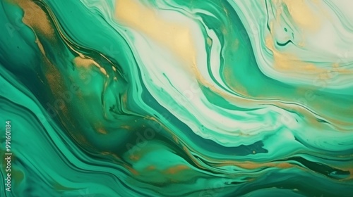Watercolor background drawn by brush. Green paints spilled on paper. Golden shiny veins and Liquid marble texture. Fluid art luxury wallpaper for design, print, invitations.