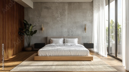 Minimalist bedroom with a low-profile bed, modern decor, and natural light enhancing a serene atmosphere photo