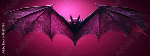 Detailed bat wings spread wide, leathery texture, faint moonlight behind, eerie purple glow photo