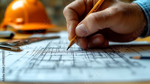 A high-definition close-up of a hand using a pencil to draft on a blueprint, with technical tools and a hard hat positioned around the desk, capturing the moment of architectural creation. photo