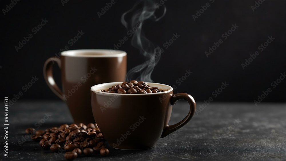 Coffee cup with beans on a dark surface. Coffee cup with beans on a dark surface.