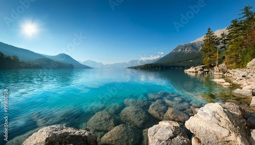 Serene rocky lakeshore perspective tranquil blue waters surrounded by nature's stunning scenery