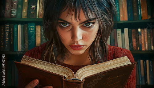 Jovem mulher absorta em um livro, olhos cativados pela curiosidade, um retrato vívido da biblioteca