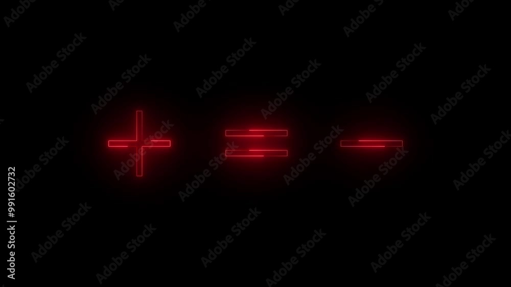 Neon plus equal minus icon red glowing black background animation